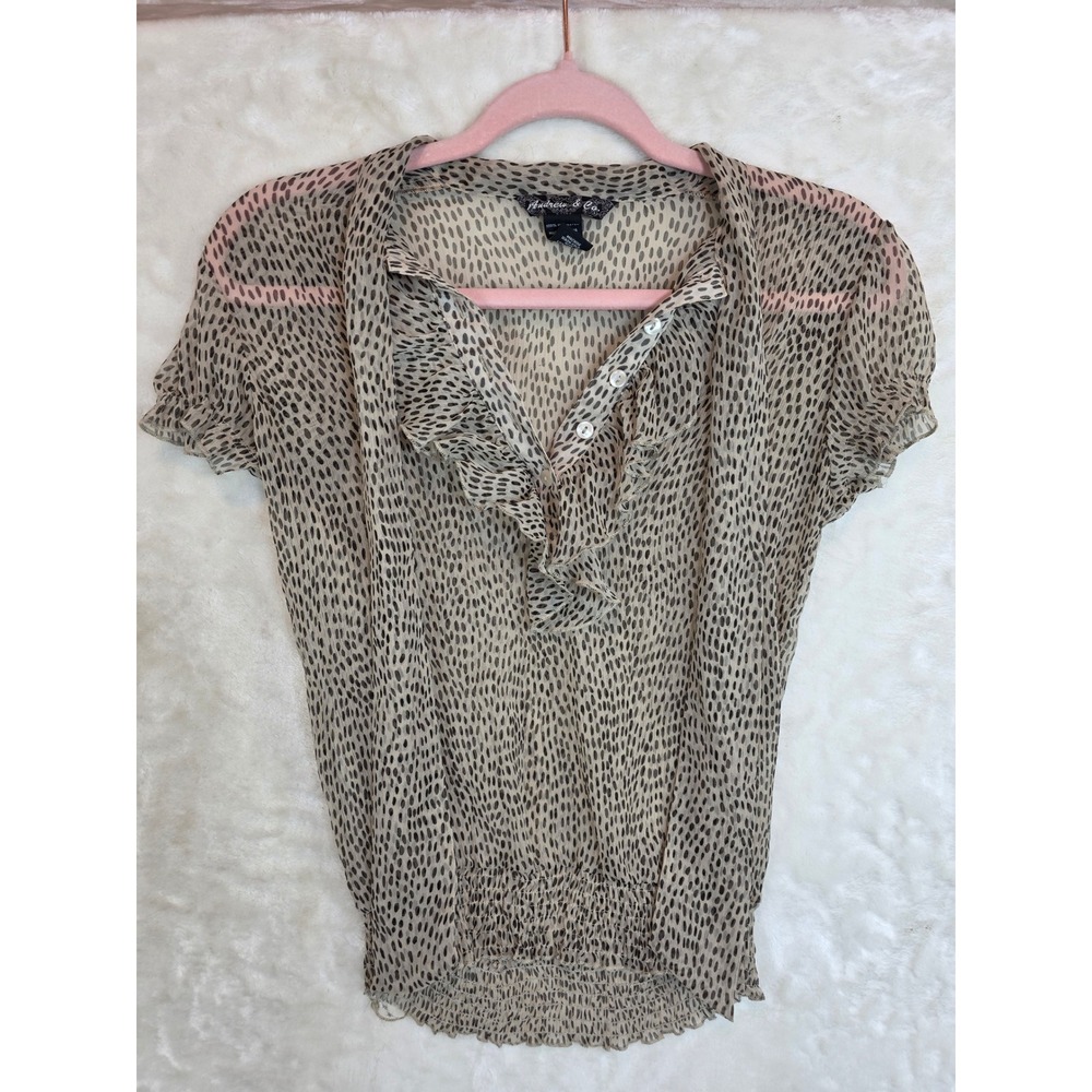 Andrew & Co Women Small Sheer Animal Print Ruffle Blouse Smocked Waist Tan Black